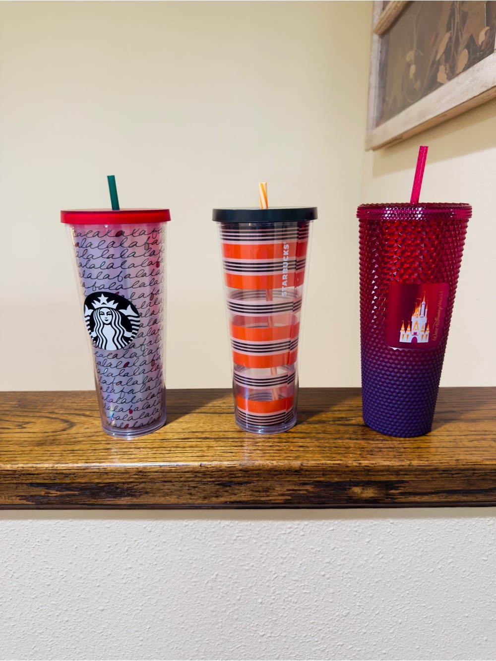 Starbucks Pink Script Reusable Tumbler Trio with Red and Purple Accent